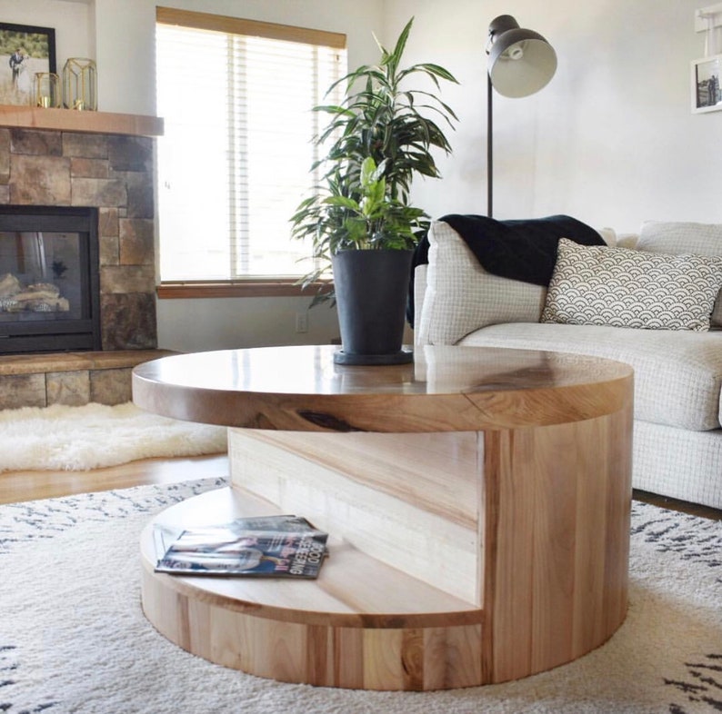 Round Coffee Table With Storage Wood Handcrafted Reclaimed Cutout Made To Order