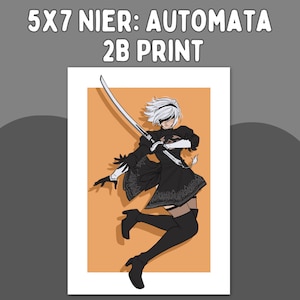 May include: A 5x7 inch print featuring a black and white illustration of a character from the video game Nier: Automata. The character is a young woman with white hair and a black dress, holding a sword. The background is a light orange color.