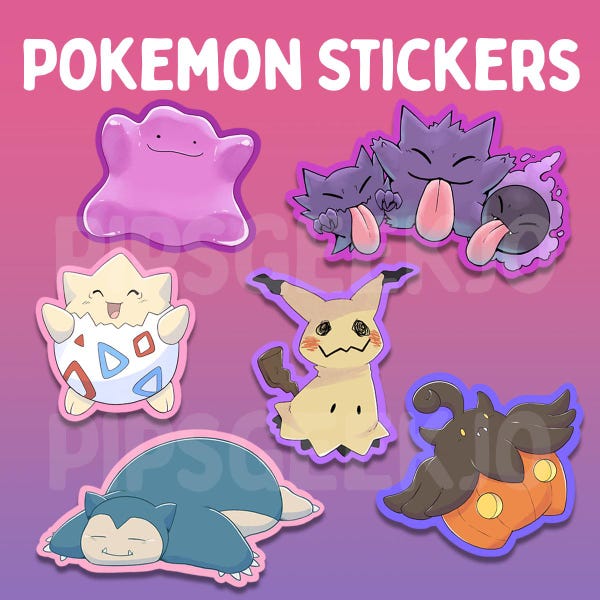 Pokemon Stickers | Gengar | Haunter | Gastly | Smoliv | Ditto | Togepi | Mimikyu | Pumpkaboo