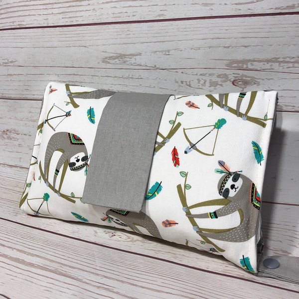 Two or three pocket Nappy wallet, diaper clutch in sloth faces, cotton, portable and padded for style