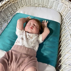 Könnte beinhalten: Eine schlafende Babypuppe, die einen weißen und braunen floralen Strampler und braune Shorts trägt, liegt auf einem türkisfarbenen und weißen Bettzeug in einem weißen Weidenkorb.