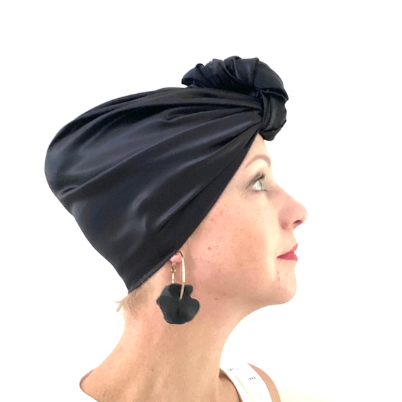 Star Printed Beanie Head Wrap, Black Chiffon stars