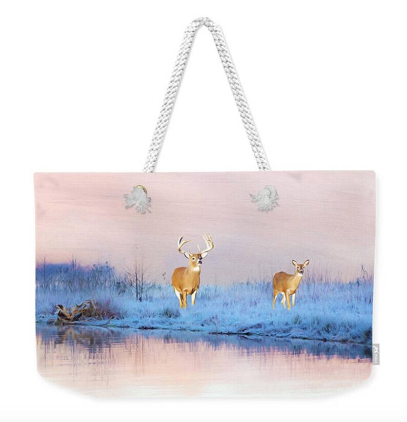 Gift Ideas Vacation Tote Bag Book Bag Friend Gift Giving Fine Art on Canvas Tote Bag White Tailed Deer at Winter Pond Canvas Handbag