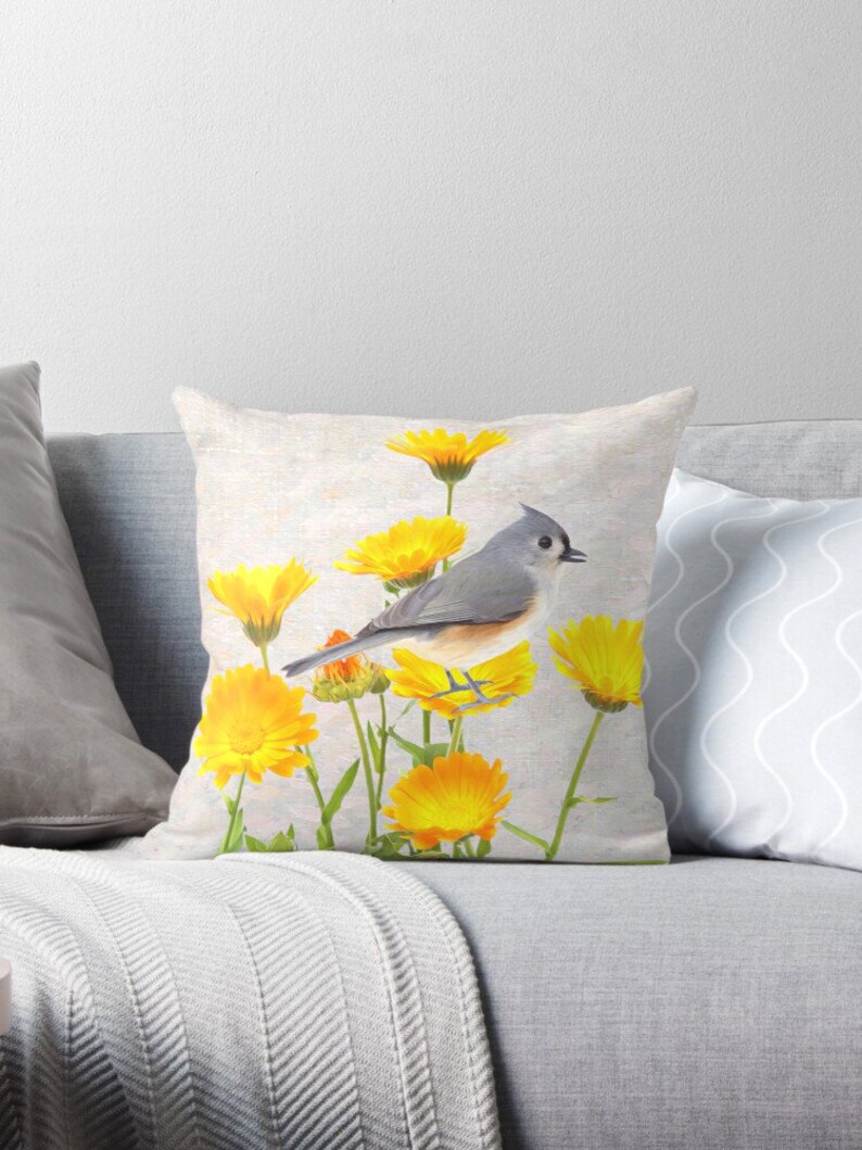 Tufted Titmouse Bird Gift Ideas Throw Pillow Yellow Marigold Accent Pillow Lumbar Cushion Home Decor Bird Photography Bird Lovers