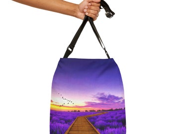 Over the Shoulder Canvas Handbag, Field of Lavender Flower, Adjustable Strap, Book Bag, Flower Lover, Gift Idea, Vacation Tote, Handmade Art