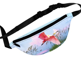 Fanny Pack, Roseate Spoonbill Flying, Personalized Gifts, Handmade Artwork, Travel Bags, Zippered Waist Pack, Bird Lovers, Gift Ideas