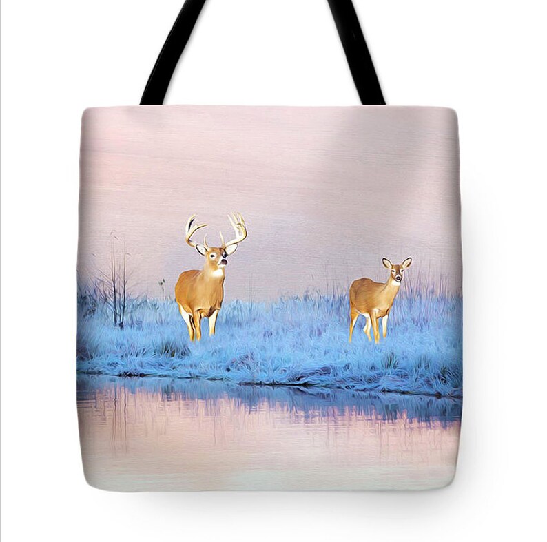 Gift Ideas Vacation Tote Bag Book Bag Friend Gift Giving Fine Art on Canvas Tote Bag White Tailed Deer at Winter Pond Canvas Handbag