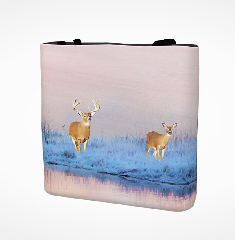 Gift Ideas Vacation Tote Bag Book Bag Friend Gift Giving Fine Art on Canvas Tote Bag White Tailed Deer at Winter Pond Canvas Handbag