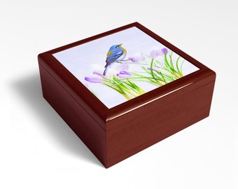 Blue Warbler Bird, Bird Keepsake Box, Wood Jewelry Box, Bird Memory Box, Handmade Artwork, Trinket Storage, Storage Container, Gift Ideas