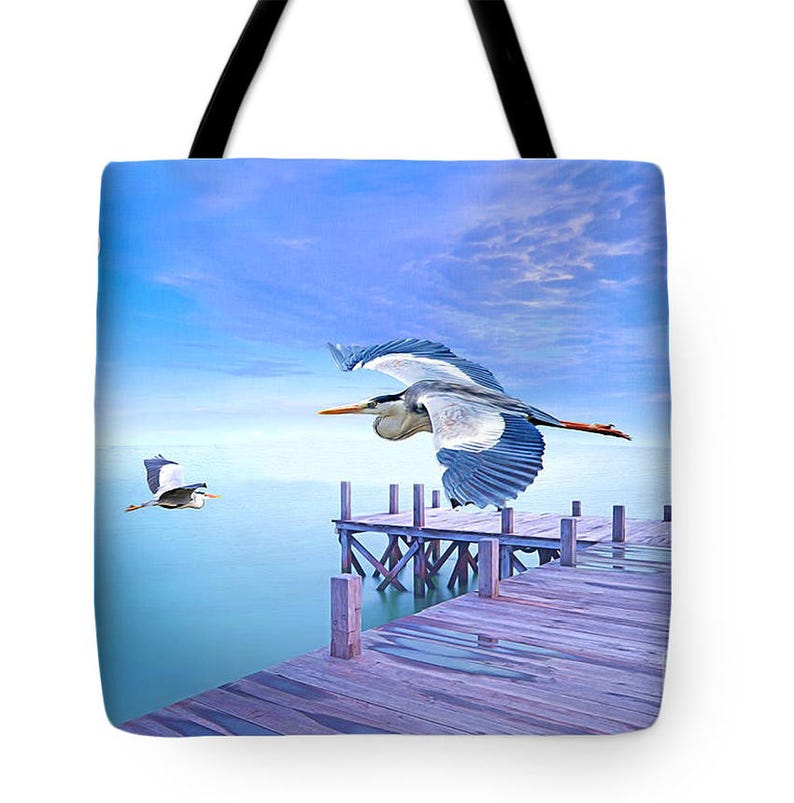 Grey Herons Flying Ocean Birds Vacation Tote Bag Friend Gift Giving Book Bag Fine Art on Canvas Tote Bag Canvas Handbag Gift Ideas