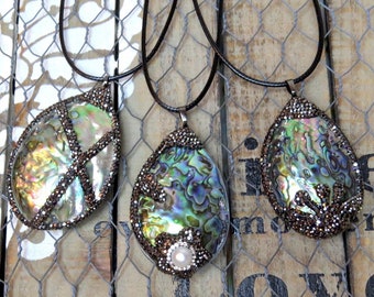 Abalone Shell and Pave Drop Pendants, Gorgeous Pave Set against Abalone Shell Pendants, Pave and Abalone Shell Drop Pendants