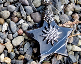 Pave Agate STAR Pendant, Gorgeous Big Star Pendant with Starburst Pave Settings, Necklace with Black Star Agate Pendant