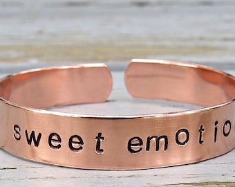 SWEET EMOTION handstamped bracelet, Aerosmith bangle, classic rock bracelet, song bracelet, aluminum or copper, textured