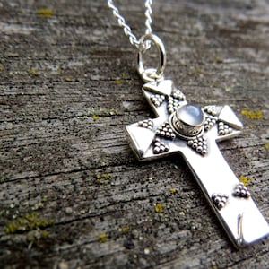 Christian Cross Necklace, Sterling Silver Cross, Bezeled Moonstone, Ornate Sterling Silver Christian Cross, Sterling and Gemstone Cross