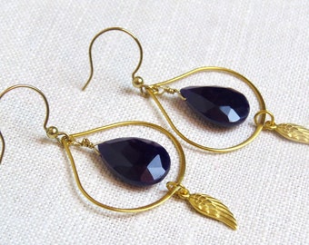 Gold Fluorite Drop Earrings, One of a Kind, Gold Lotus Petal with Fluorite Drop and Small Feather Charm, Gorgeous!