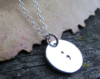 semicolon necklace, sterling silver semicolon charm, semicolon charm necklace, semicolon jewelry, minimalist necklace, suicide awareness