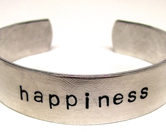 HAPPINESS handstamped bracelet, happiness bangle, personalized bracelet, word bracelet, aluminum or copper, textured