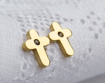 Gouden christelijke kruisoorknopjes met strass, minimalistische kruispostoorbellen, roestvrij staal, kleine christelijke kruispostoorbellen