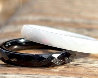Ceramic Black Ring, Minimalist White Stackable Ring, Faceted Ceramic Band, Simple Dainty Ring, Everyday Jewelry