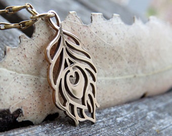 peacock necklace, peacock feather pendant, minimalist necklace, friendship necklace, bronze necklace, gold charm jewelry, minimalist jewelry