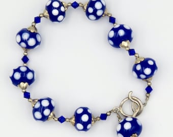 Lampwork Beaded Bracelet, Blue Polkadot Lamp Work Bead Bracelet, Lamp Work Bracelet, Glass Bracelet, Artisan Bracelet, Sterling Silver