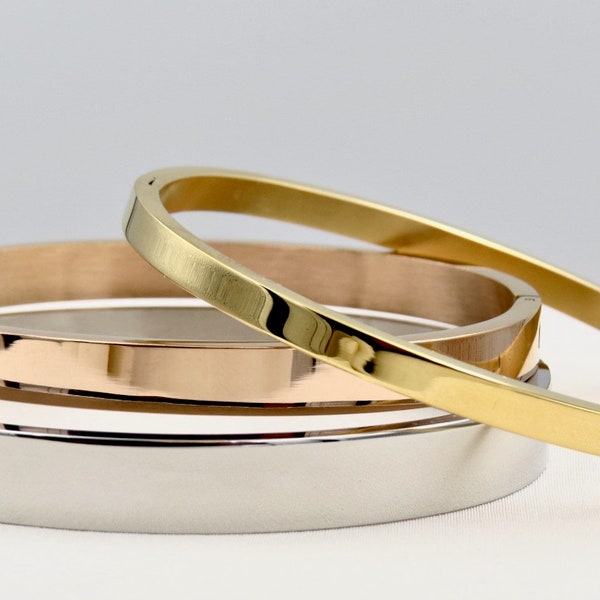 Flat stainless steel bracelets, gold, silver, rose gold bangles, NEW MEN'S SIZES, stainless steel bangles, shiny hinged bracelets