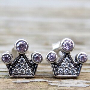 TINY CROWN Stud Earrings with Rhinestones, Princess Crown Post Earrings, Sterling Silver Minimalist Crown Stud Earrings Pave Cubic Zirconia