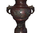 Large Meiji Period Bronze Twin Handled Urn with Decoration