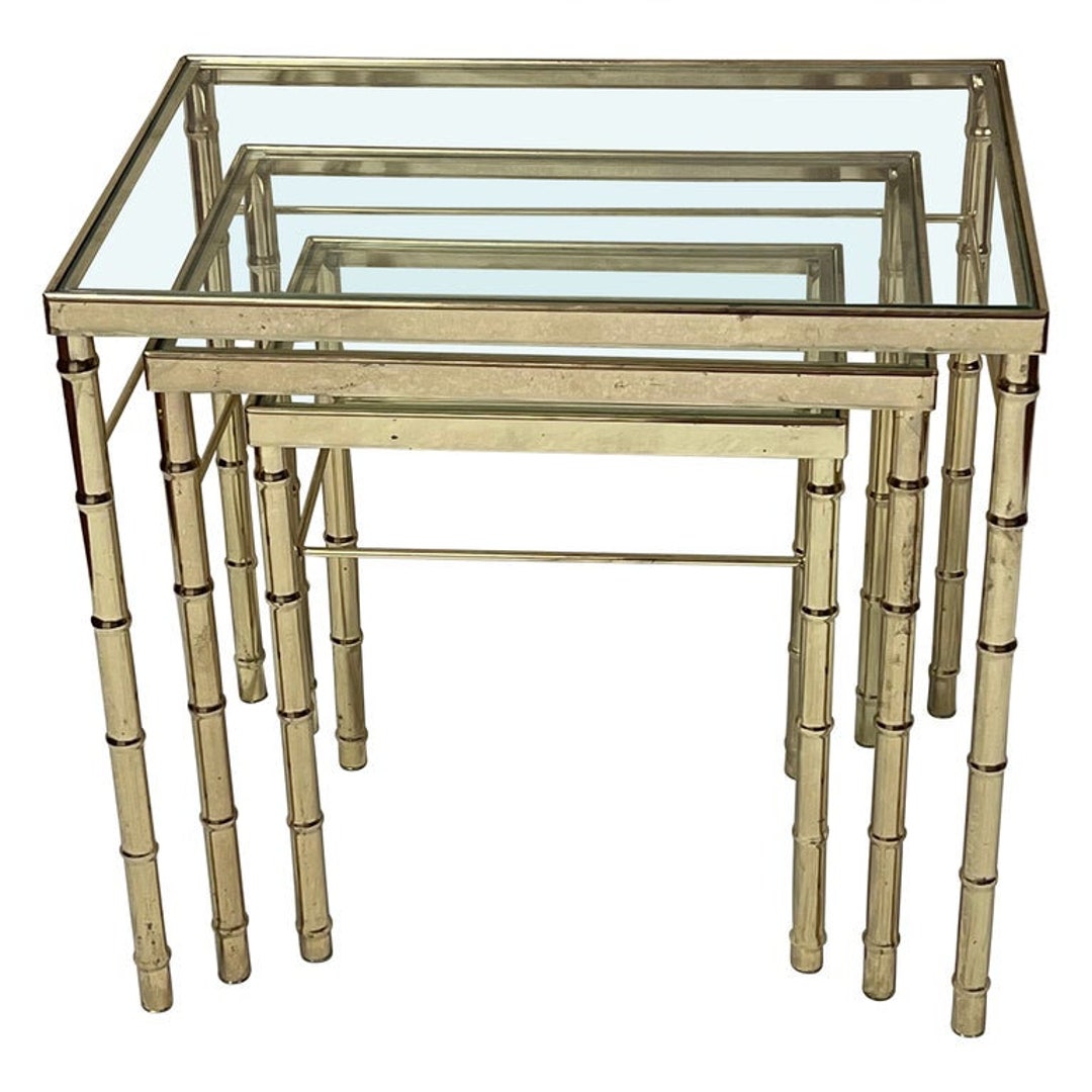 Set of Faux Brass Bamboo Nesting Tables With Glass — Fleur de Lis