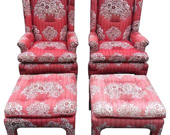 Pair of Petite Wing Back Chairs with Matching Ottomans