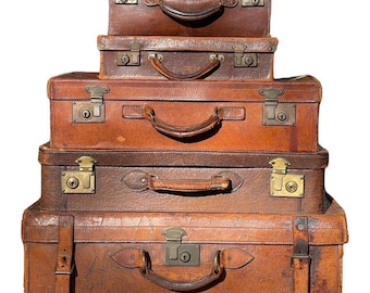 Stacked Set of Five Antique Leather Suitcases or Trunks
