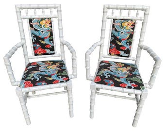 Pair of White Wooden Faux Bamboo Chairs