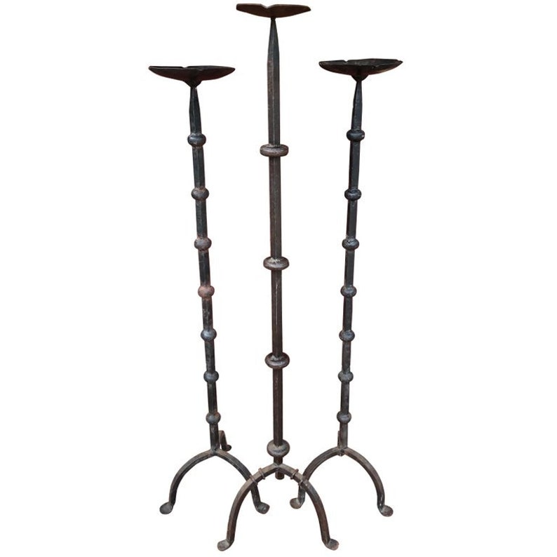 Sold Set Of Three Hand Wrought Iron Altar Floor Candle Stands