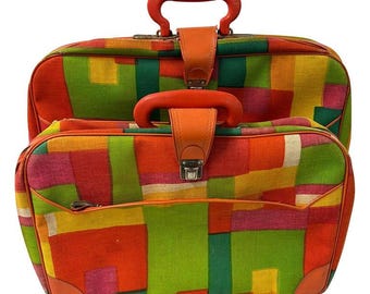 Pair of 1960's Vintage Hippie Pop Art Suitcases by Gimbels