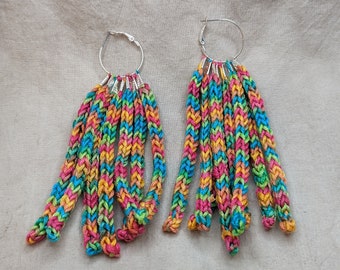 Unique knit earrings / hoop statement earrings / crochet earrings / yarn earrings / fiber earrings / earrings handmade/ tassle earrings