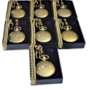 7 Gravierte Taschenuhren - Gold poliertes Vintage personalisiertes Taschenuhrenset - Erhältlich in 5 Farben - Boxen, Ketten & Gravur inklusive