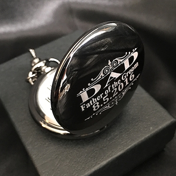 Personalized gift for Dad - Father of the Bride - Father of the Groom - Black engraved Pocket watch in gift box - Groomsman gift - Man gift