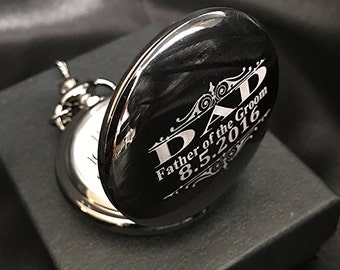 Personalized gift for Dad - Father of the Bride - Father of the Groom - Black engraved Pocket watch in gift box - Groomsman gift - Man gift