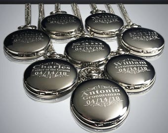 8 Groomsmen gifts - 8 Laser engraved pocket watches - Vintage personalized watch in gift box - Custom engraved gift -Wedding gifts for him
