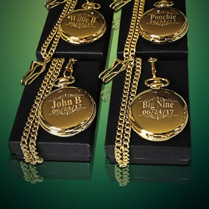 4 Groomsmen gift 4 Personalized Gold pocket watch in gift box - Custom engraved gift - 4 Gold bridesmaid gift set - Wedding gift set