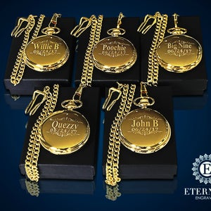 5 Gold Groomsmen gifts - Engraved pocket watches -Gold personalized pocket watch in gift box - Custom engraved gift -Wedding gifts for him