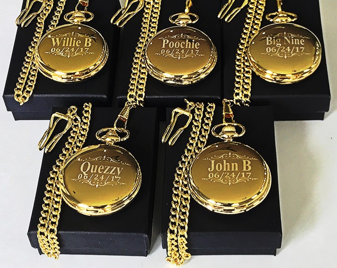 5 Gold Groomsmen gifts - Engraved pocket watches -Gold personalized pocket watch in gift box - Custom engraved gift -Wedding gifts for him