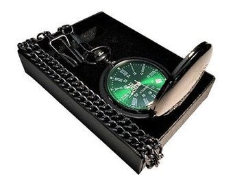 Montre de poche gravée - Cadran vert Argent Chiffres romains La montre de poche personnalisée est livrée avec boîte, chaîne et gravure - style vintage