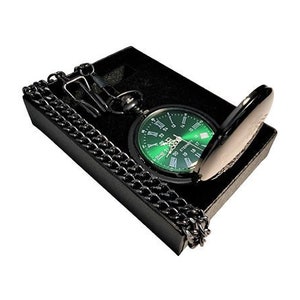 Gegraveerd zakhorloge - Groene wijzerplaat Zilveren Romeinse cijfers gepersonaliseerd zakhorloge wordt geleverd met doos, ketting en gravure - Vintage stijl