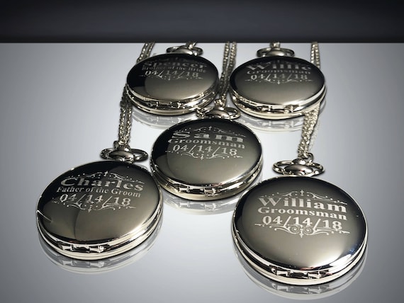 Groomsmen gift, Set of 5 engraved pocket watches, Vintage personalized watch, Gift box, Custom engraved gift, Custom Wedding, Men's gift set