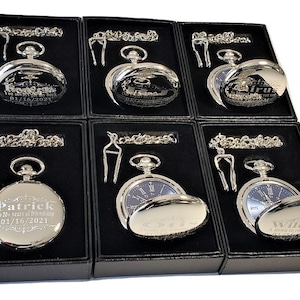 6 Personalized Pocket watches - Blue Roman Numerals - Engraved Gift for him - Personalized watch in gift box - Groomsmen gift - Men&#39;s watch