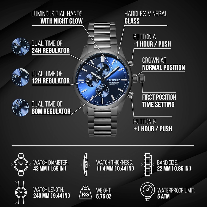 May include: A silver chronograph watch with a blue face and a stainless steel band. The watch has a date window, a 24-hour dial, a 12-hour dial, and a 60-minute dial. The watch is water resistant to 5 ATM.