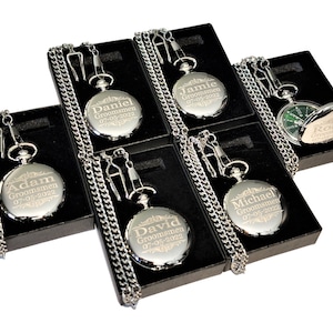 8 Engraved pocket watches - Green dial with silver roman numerals - Comes with Chain, fitted box and engraving - Groomsmen gift sets