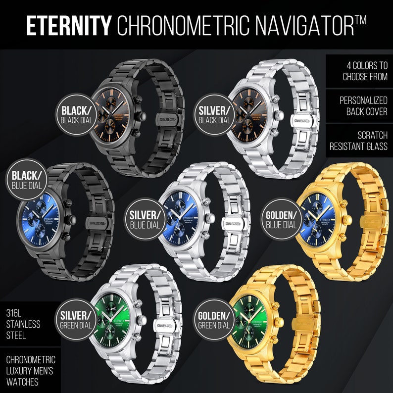 May include: A set of eight men's watches with different colored dials and bands. The watches have a chronograph feature and are made of stainless steel. The watches are available in black, silver, and gold.