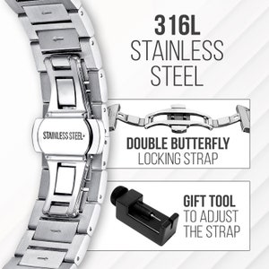 May include: A silver watch band with a double butterfly locking strap. The band is made of 316L stainless steel and includes a tool to adjust the strap.